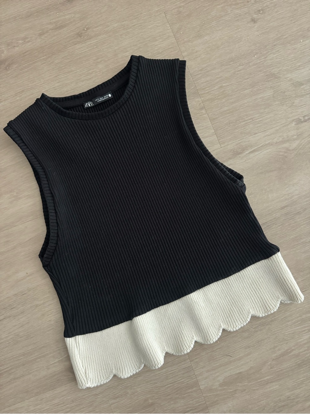 Zara Black Tank Top with Cream Scalloped Hem